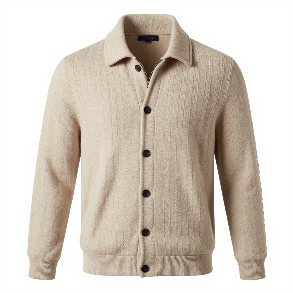 Men's Lightweight Cable Knit Sweater Jacket in Soft Beige Wool Blend
