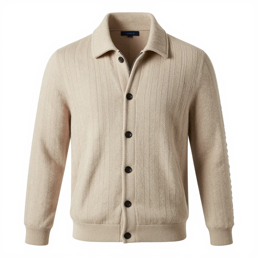 Men's Lightweight Cable Knit Sweater Jacket in Soft Beige Wool Blend