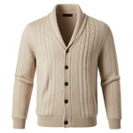 Men's Lightweight Cable Knit Sweater Jacket in Soft Beige Wool Blend - 4